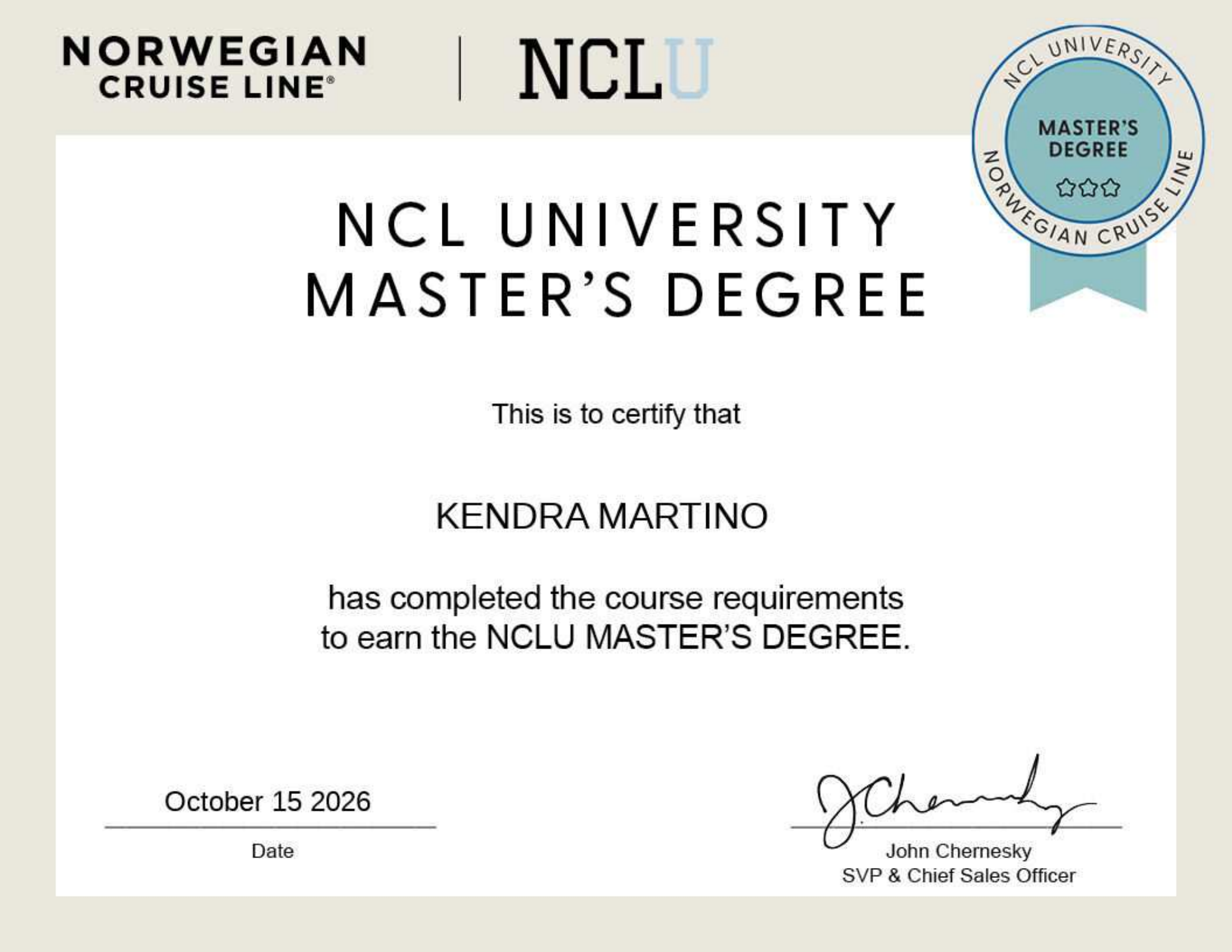 NCL University Master’s Degree certificate